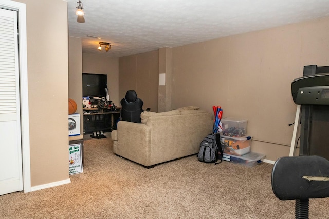 living area featuring carpet flooring, baseboards, and a textured ceiling