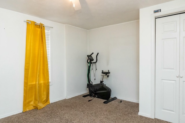 exercise room featuring baseboards and carpet floors