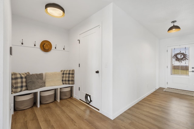 interior space with baseboards and light wood finished floors