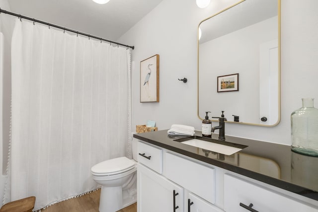 full bathroom featuring a shower with shower curtain, toilet, wood finished floors, and vanity