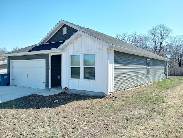 single story home featuring driveway, board and batten siding, an attached garage, and fence
