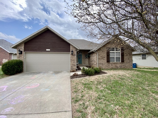 single story home with a front yard, driveway, roof with shingles, an attached garage, and brick siding