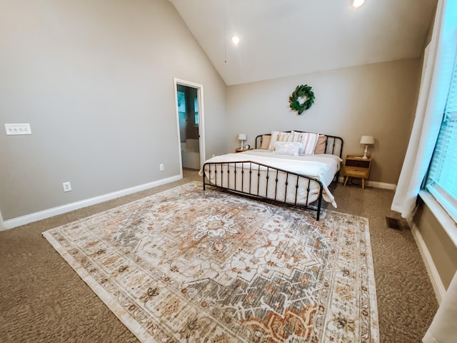 bedroom featuring visible vents, carpet, baseboards, recessed lighting, and high vaulted ceiling