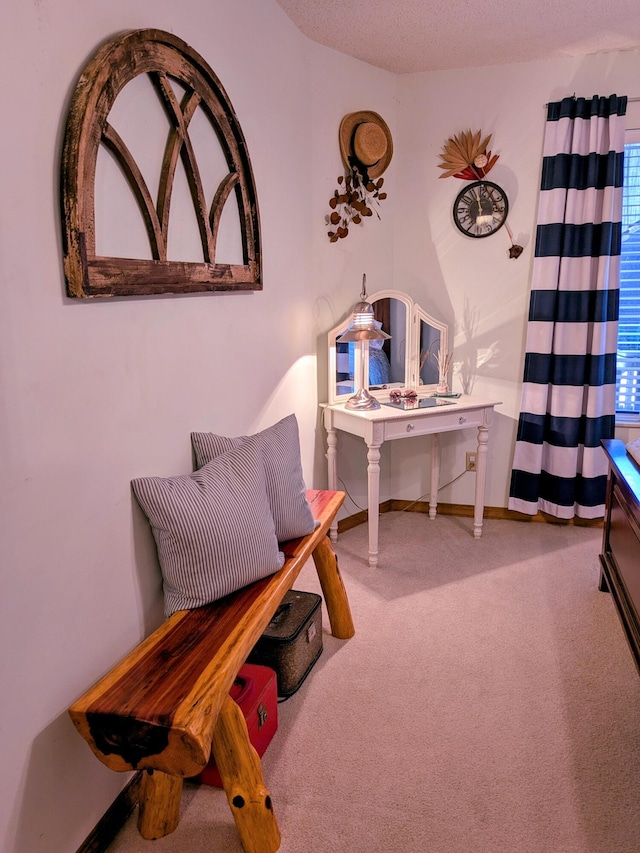 living area featuring carpet and baseboards