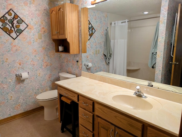 full bath featuring wallpapered walls, baseboards, toilet, vanity, and a textured ceiling