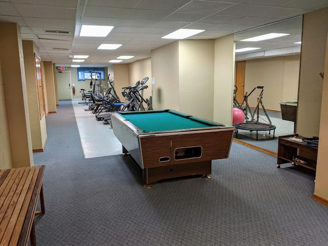 recreation room with a drop ceiling, visible vents, baseboards, and billiards