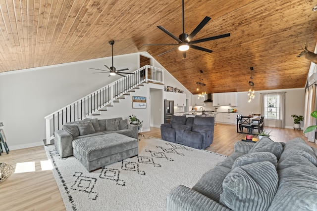 living room featuring wooden ceiling, light wood-style flooring, and ceiling fan