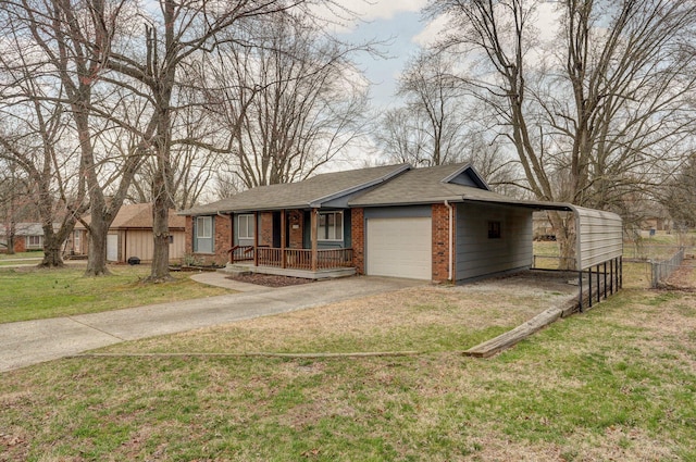 ranch-style home with a front yard, fence, driveway, covered porch, and brick siding