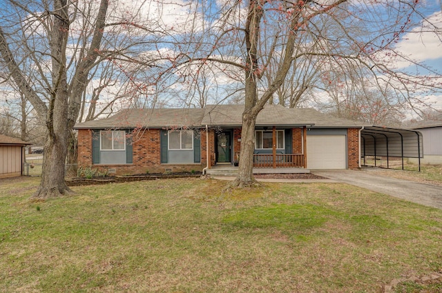 ranch-style house featuring driveway, a porch, a front lawn, a garage, and brick siding