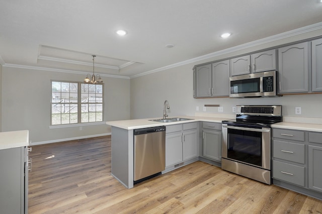 kitchen featuring gray cabinets, appliances with stainless steel finishes, a peninsula, a raised ceiling, and a sink