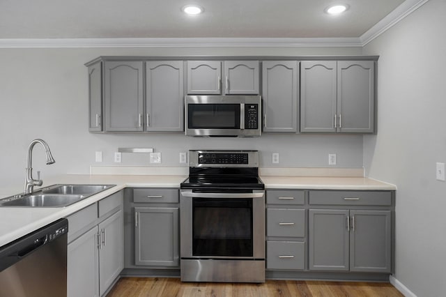 kitchen with light wood finished floors, appliances with stainless steel finishes, gray cabinetry, and a sink