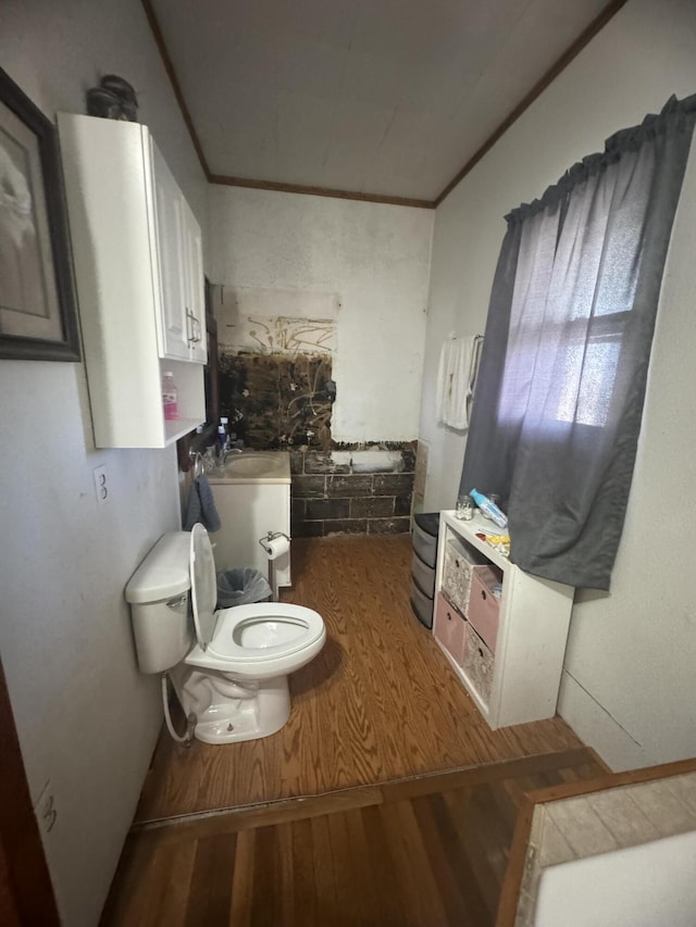 bathroom with a sink, toilet, wood finished floors, and ornamental molding