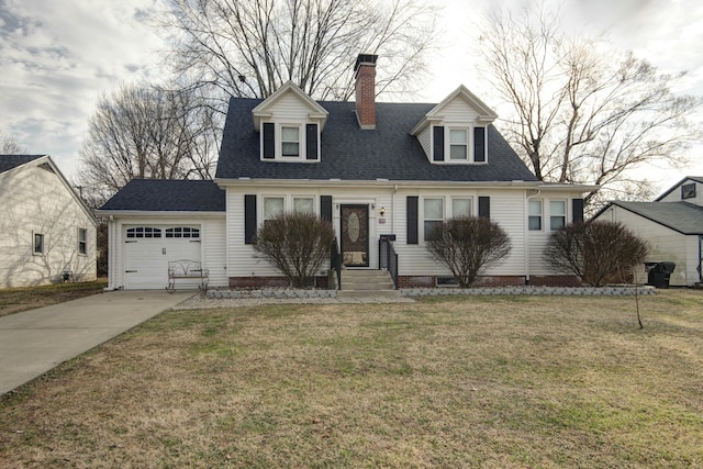 cape cod home with a front lawn, concrete driveway, roof with shingles, a chimney, and an attached garage