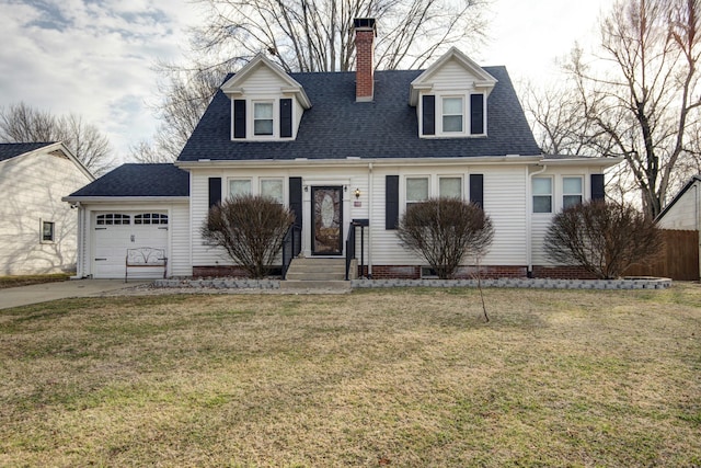 cape cod home with concrete driveway, a chimney, a front lawn, and a shingled roof