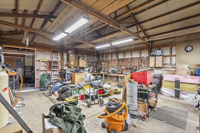 garage with a workshop area