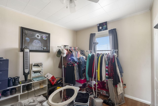 walk in closet with ceiling fan and wood finished floors