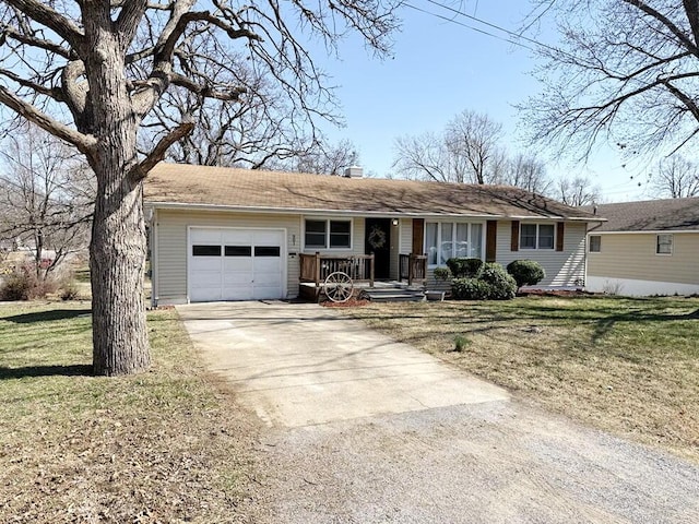 ranch-style house featuring a front lawn, a chimney, concrete driveway, and an attached garage