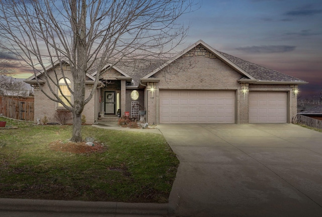 view of front of house featuring brick siding, a shingled roof, fence, concrete driveway, and a garage