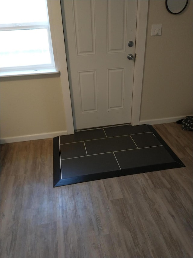 foyer entrance featuring baseboards and wood finished floors