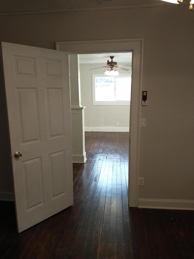 corridor featuring baseboards and dark wood-style flooring