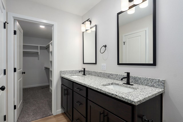 bathroom with a sink, baseboards, double vanity, and a spacious closet