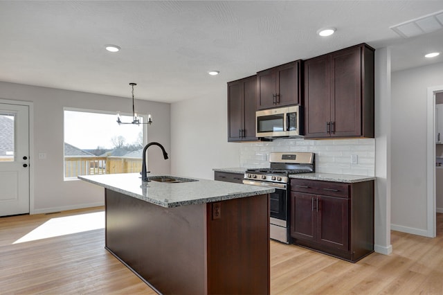 kitchen featuring visible vents, light wood-style flooring, a sink, backsplash, and appliances with stainless steel finishes