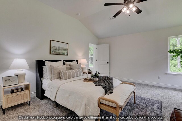 5202 S April Ct, Battlefield, MO 65619 - carpeted bedroom with vaulted ceiling, baseboards, visible vents, and ceiling fan