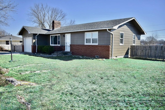 single story home featuring a front lawn, a chimney, a garage, and fence