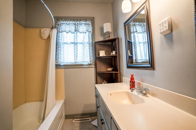 2457 County Road 1770, West Plains, MO 65775 - full bathroom featuring shower / tub combo, tile patterned flooring, visible vents, and vanity