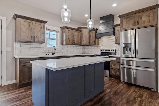 kitchen with custom exhaust hood, backsplash, appliances with stainless steel finishes, and dark wood-style flooring