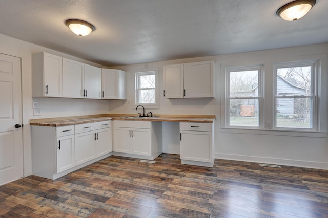 kitchen with wood counters, dark wood-type flooring, and a sink