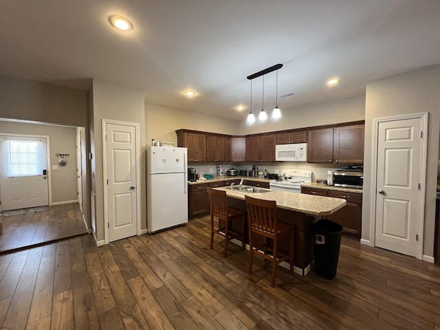 610 N Center St, Willow Springs, MO 65793 - kitchen featuring a sink, white appliances, dark brown cabinetry, and dark wood-style flooring