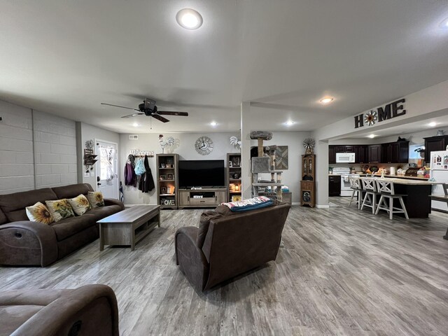 610 N Center St, Willow Springs, MO 65793 - living area featuring a ceiling fan, baseboards, a wood stove, recessed lighting, and light wood-style floors