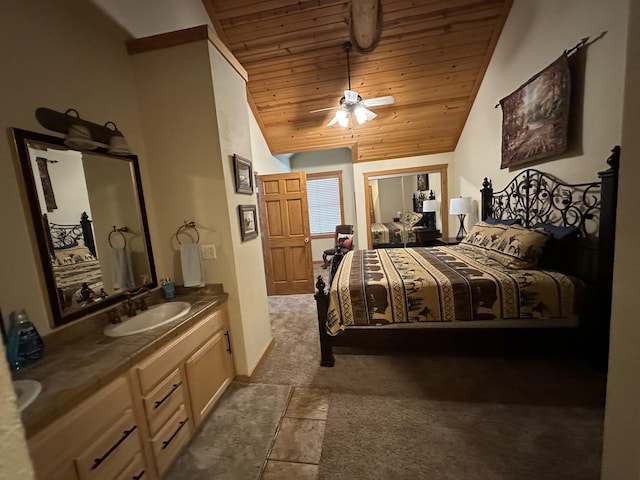 215 Oakridge Rd, Branson, MO 65616 - carpeted bedroom with a sink, wood ceiling, lofted ceiling, and a ceiling fan