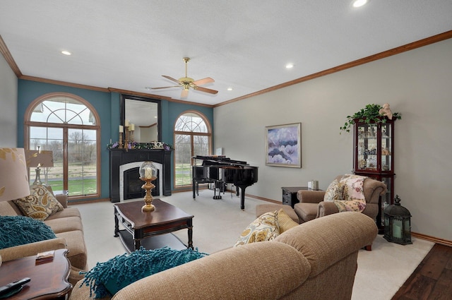 304 Reavley Dr, Lamar, MO 64759 - living room with ceiling fan, a fireplace, crown molding, and baseboards