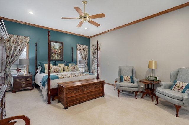 304 Reavley Dr, Lamar, MO 64759 - bedroom featuring recessed lighting, light colored carpet, crown molding, and ceiling fan