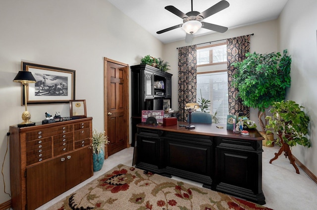 304 Reavley Dr, Lamar, MO 64759 - office area with light carpet, lofted ceiling, and ceiling fan