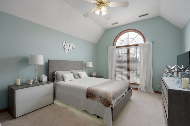 304 Reavley Dr, Lamar, MO 64759 - bedroom featuring visible vents, baseboards, lofted ceiling, light colored carpet, and ceiling fan