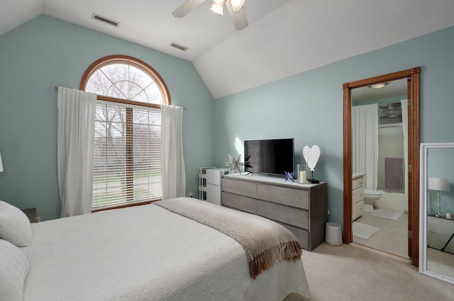 304 Reavley Dr, Lamar, MO 64759 - bedroom with visible vents, light colored carpet, a ceiling fan, and vaulted ceiling