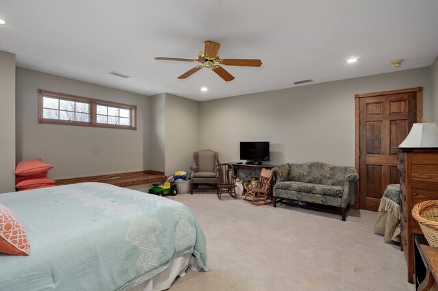 304 Reavley Dr, Lamar, MO 64759 - bedroom featuring recessed lighting, visible vents, carpet floors, and ceiling fan