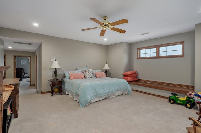 304 Reavley Dr, Lamar, MO 64759 - bedroom featuring recessed lighting, visible vents, light carpet, and ceiling fan