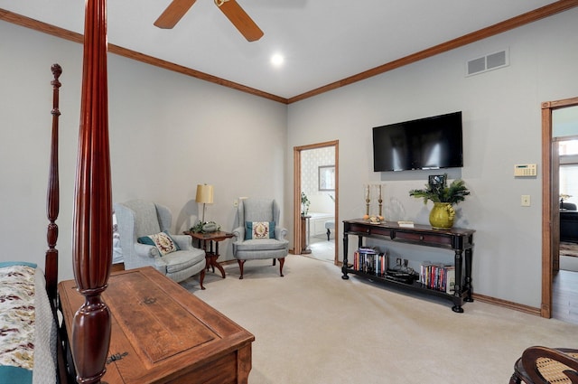 304 Reavley Dr, Lamar, MO 64759 - carpeted living area with visible vents, baseboards, ceiling fan, ornamental molding, and a wealth of natural light