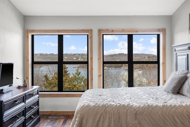 bedroom featuring visible vents, multiple windows, dark wood-style floors, and baseboards