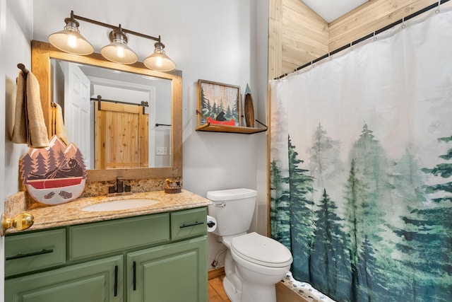 bathroom with vanity, a shower with shower curtain, and toilet