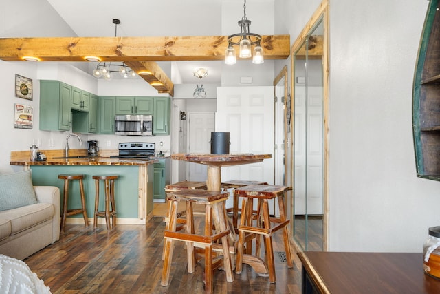 kitchen featuring green cabinetry, appliances with stainless steel finishes, dark wood-style flooring, and a sink