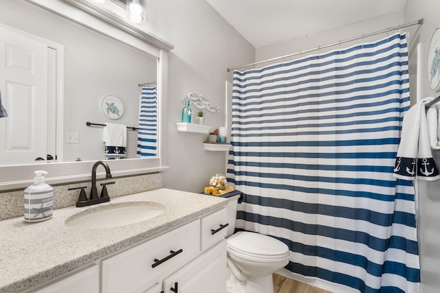 bathroom featuring vanity, curtained shower, toilet, and wood finished floors
