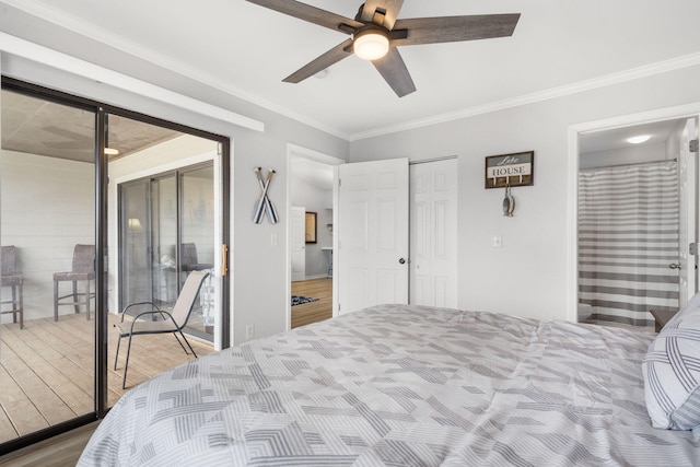 bedroom featuring ensuite bath, crown molding, ceiling fan, and wood finished floors