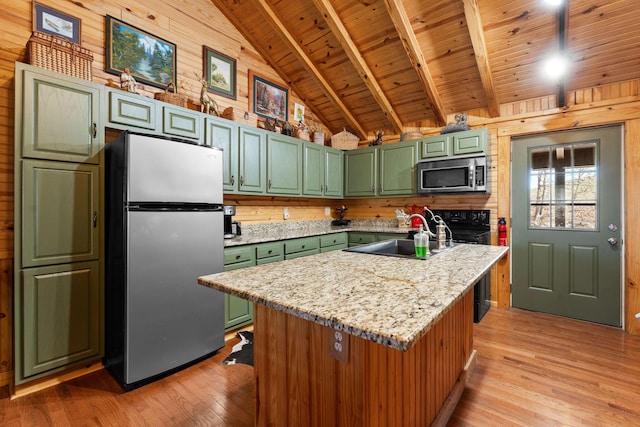 kitchen with lofted ceiling with beams, wooden ceiling, light wood-style floors, stainless steel appliances, and green cabinetry