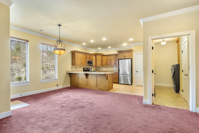 kitchen featuring light carpet, a kitchen breakfast bar, backsplash, appliances with stainless steel finishes, and a peninsula