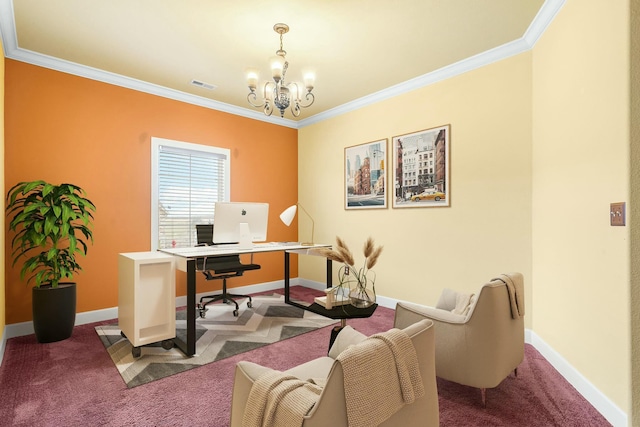 office area with visible vents, a notable chandelier, carpet floors, crown molding, and baseboards